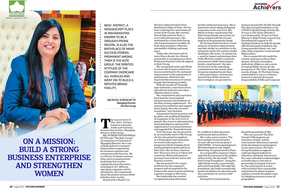 Mrs Archana Kute (Director-The Kute Group) featured in the leading ‘Outlook Business’ Magazine