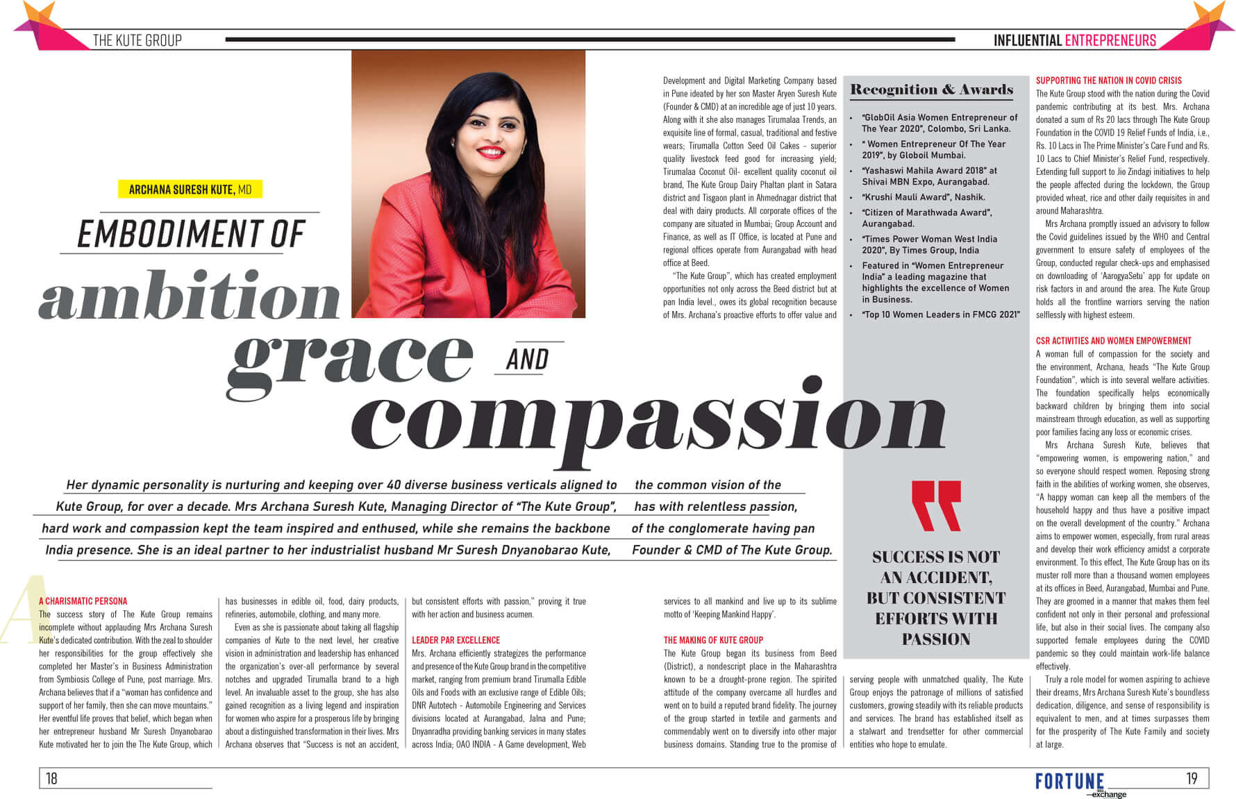 Mrs. Archana Suresh Kute (MD-The Kute Group) featured in “Fortune India Exchange” Business Magazine