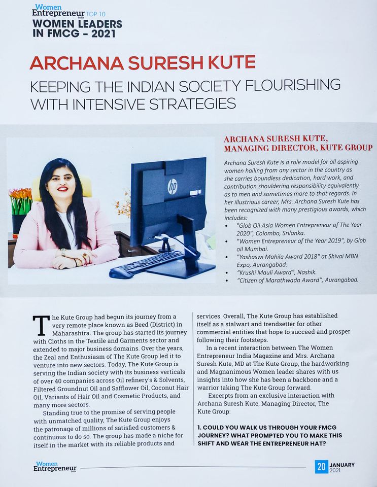 Mrs. Archana Kute (MD – The Kute Group) featured in the leading magazine “Women Entrepreneur India”