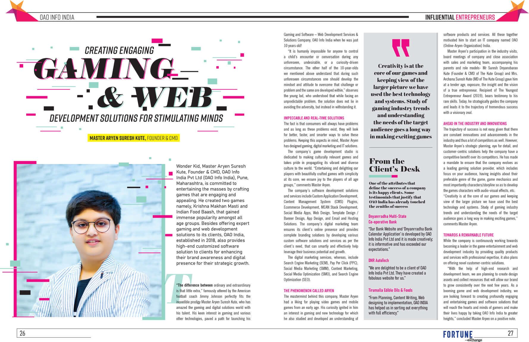 Master Aryen Suresh Kute (Founder-OAO INDIA) featured in Fortune India Exchange Business Magazine
