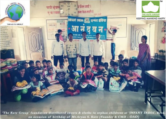 The Kute Group family members distributed clothes and sweets at Infant India orphanage in Beed on the occasion of the birthday of Master Aryen Suresh Kute (CMD-OAO INDIA) in the Year 2018.

