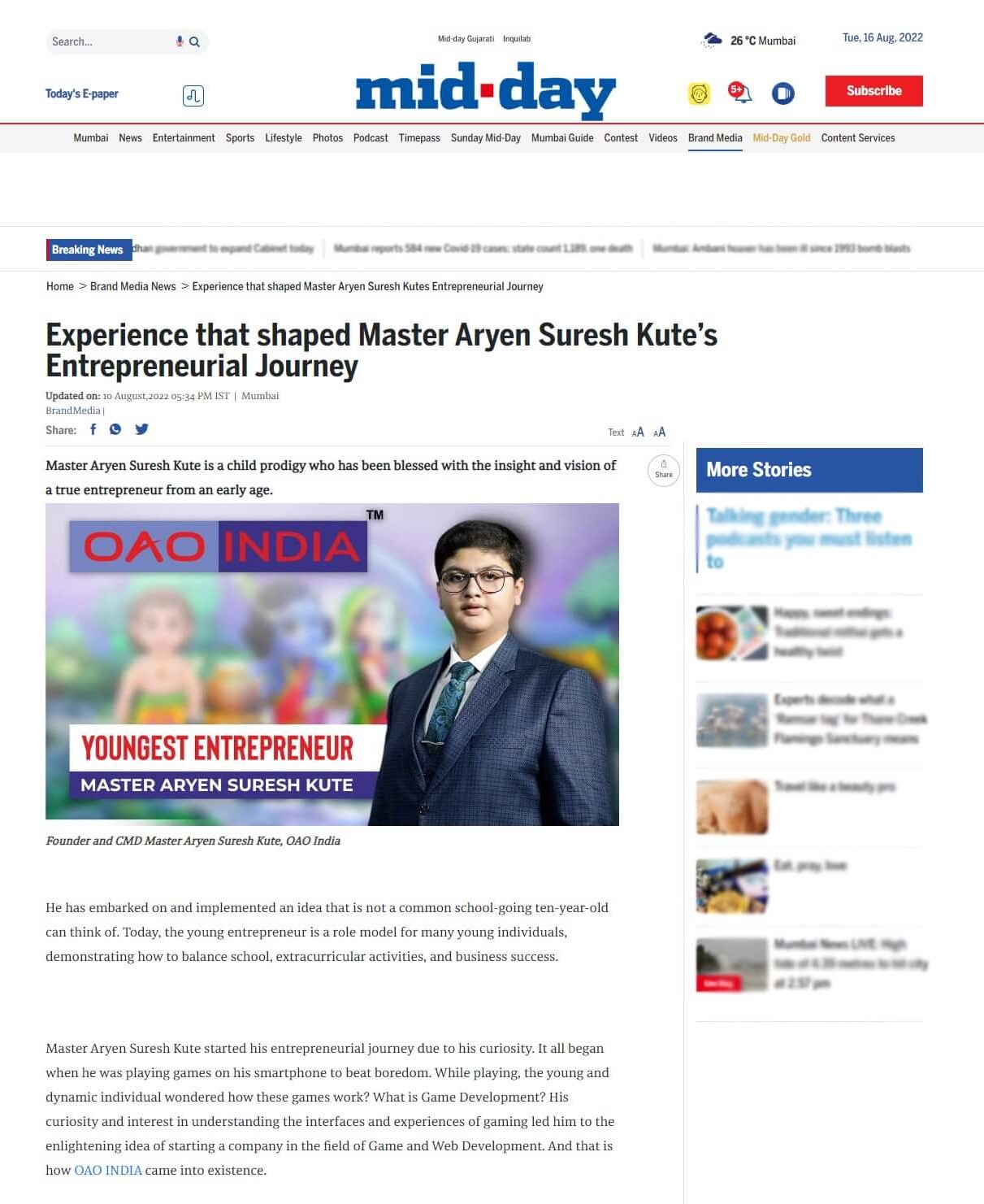 Entrepreneurial Journey of Master Aryen Suresh Kute (Founder & CMD-OAO INDIA) highlighted by Mid-Day Newspaper