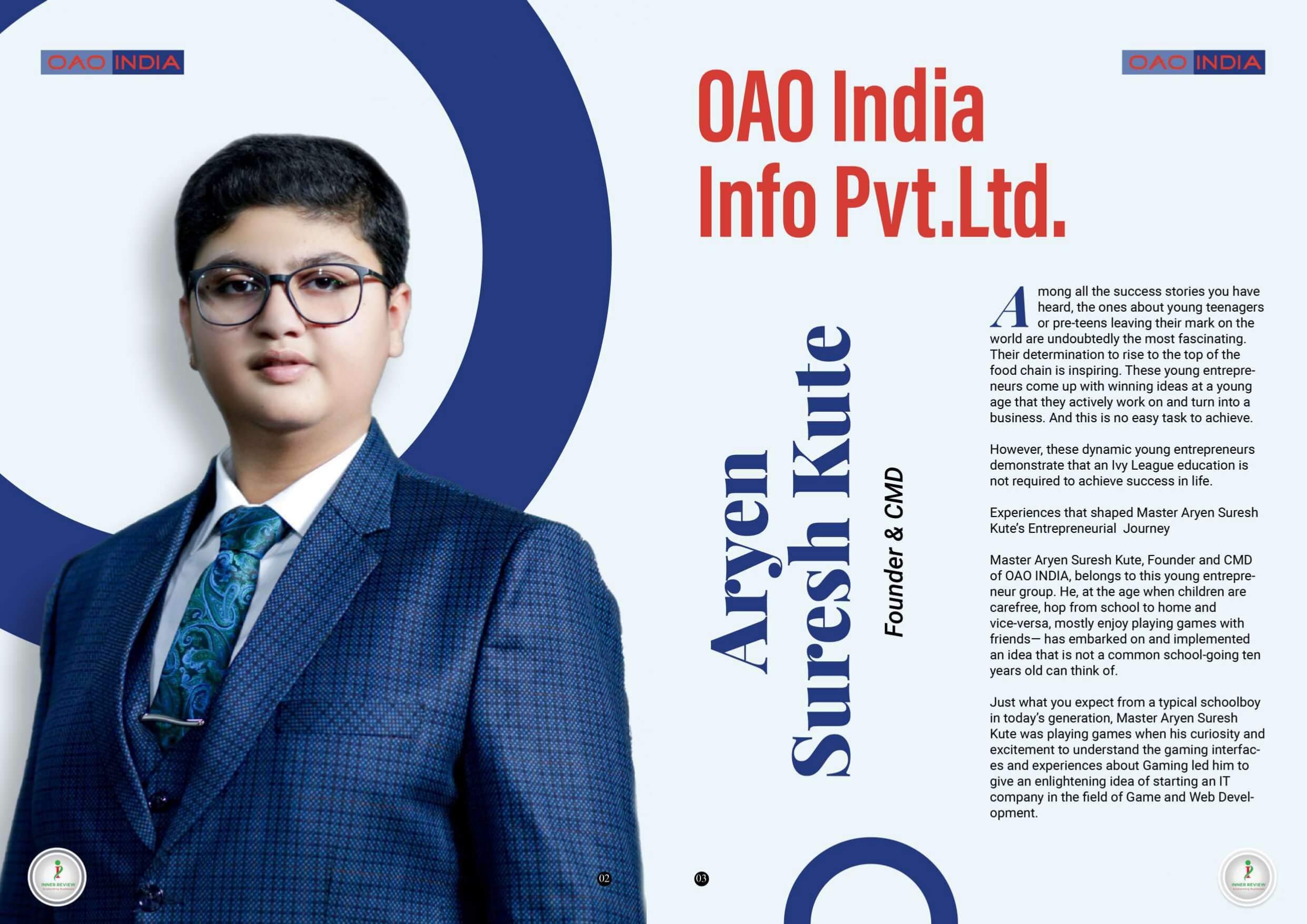 Inner Review 2022 magazine featuring Master Aryen Suresh Kute (Founder & CMD – OAO INDIA)